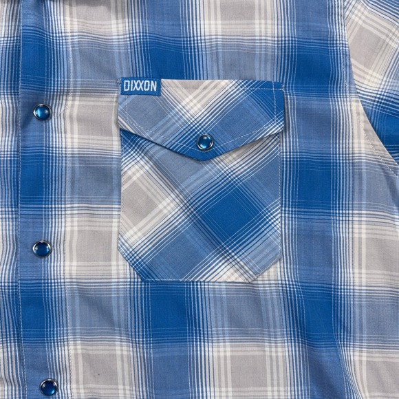 Dixxon Rincon Bamboo Blend Short Sleeve Plaid Snap Button Shirt Large Blue White - Picture 7 of 11